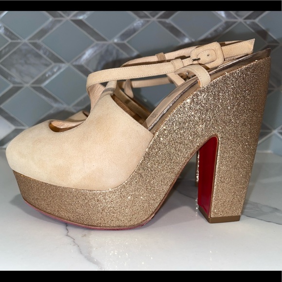 Christian Louboutin suede and gold glitter wedges